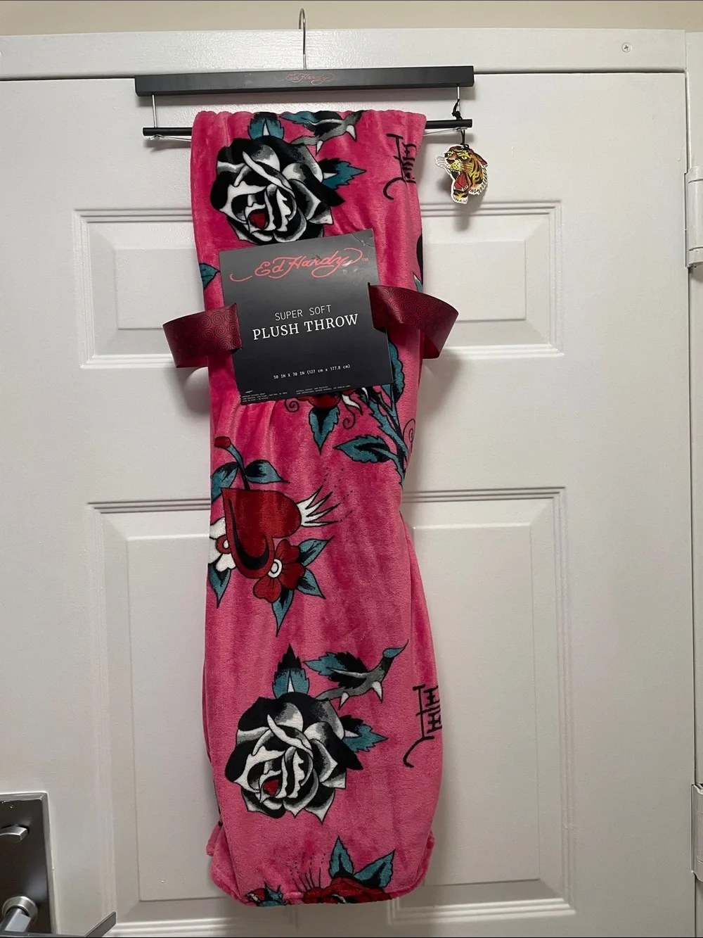 Ed Hardy Pink Floral Graphic Plush Throw